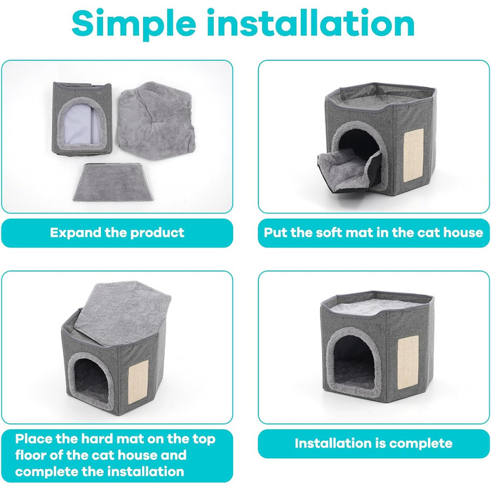 Кіт Будинок для котів у приміщенні, велика кімната для котів з когтеточкою, 2-ярусне ліжко для котів, будинок-печера для маленьких та середніх тварин, сірий