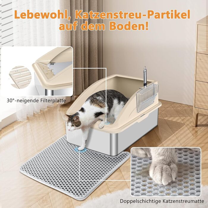 FURTIME Лоток для котів з нержавіючої сталі XXL, 28 л, велика місткість, проти протікань, з металевою лопаткою, 60x40x31 см, сріблястий