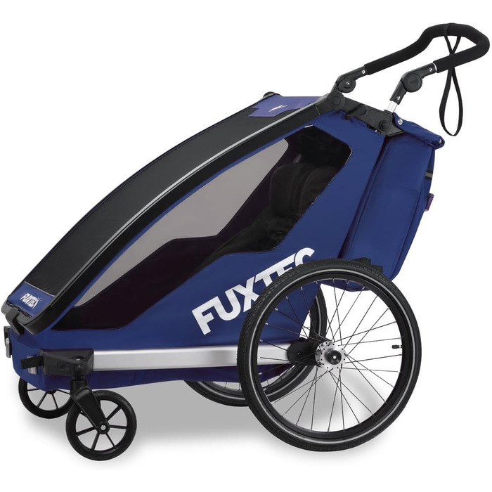 Причіп для велосипеда Fuxtec Sportfux на 2 місця, з сумкою на заднє кріплення, світловідбивачами, ручкою-штовхачем, захистом від дощу та сонця, складаний, фіолетовий FX-FA1 (блакитний)