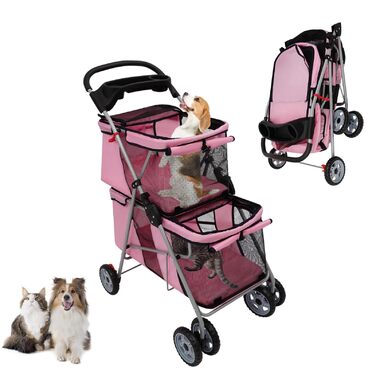 Двоярусний візок для домашніх тварин для маленьких та середніх собак та котів - Легкий транспортний візок-бугі для собак з 2 рівнями для прогулянок, подорожей та активного відпочинку на природі, до 20 кг (Рожевий)