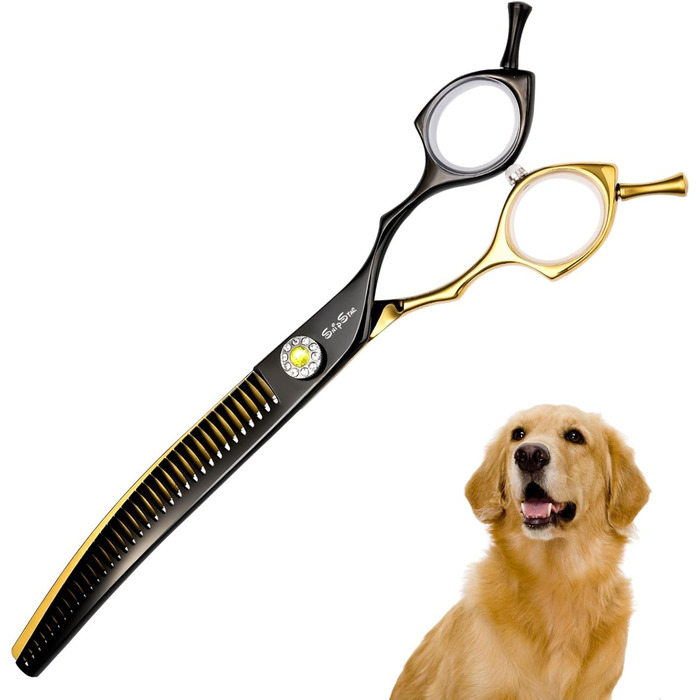 Професійна вигнута ножиці для грумінгу домашніх тварин 7.5 дюймів (25 градусів), 35 зубів, розрідження 65%, Gold High-End