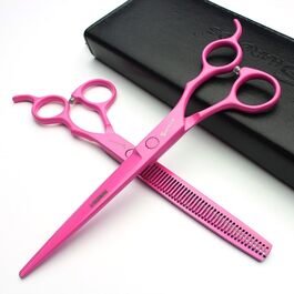 Професійні ножиці для грумінгу собак 7/7.5 дюймів (2 шт.) з розріджувачем, Японія, 440C сталь, рожеві