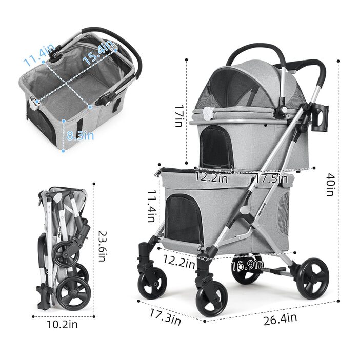 Beberoad Розкладний візок для собак та котів, 2 яруси, чорний/сірий