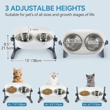 Підвищений годівниця для котів ALL FOR PAWS - 3-рівнева регульована годівниця з 2 мисками з нержавіючої сталі (350 мл), антиковзаюча та захищена від розливу, для кошенят, середніх та великих котів (44*26*19 см)
