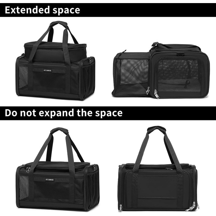 Транспортувальна сумка для котів та маленьких собак, схвалена авіакомпаніями, дихаюча та складна, портативна сумка для подорожей, для бартагам, цуценят, підвісна сумка для тварин (Чорна, розширювана)