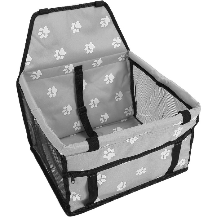 Переноска для тварин з принтом лапок, складана переноска для собак з тканини, миється, з ременями безпеки та підпоркою - Комфортна та безпечна для авто та подорожей (сіра підпорка з принтом лапок)