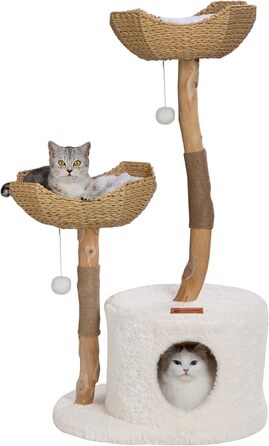 Котячий дерев'яний комплекс U-Moving 116,8 см для великих котів – сучасний натуральний дряпак-тур із гілкою, подарунок для любителів котів