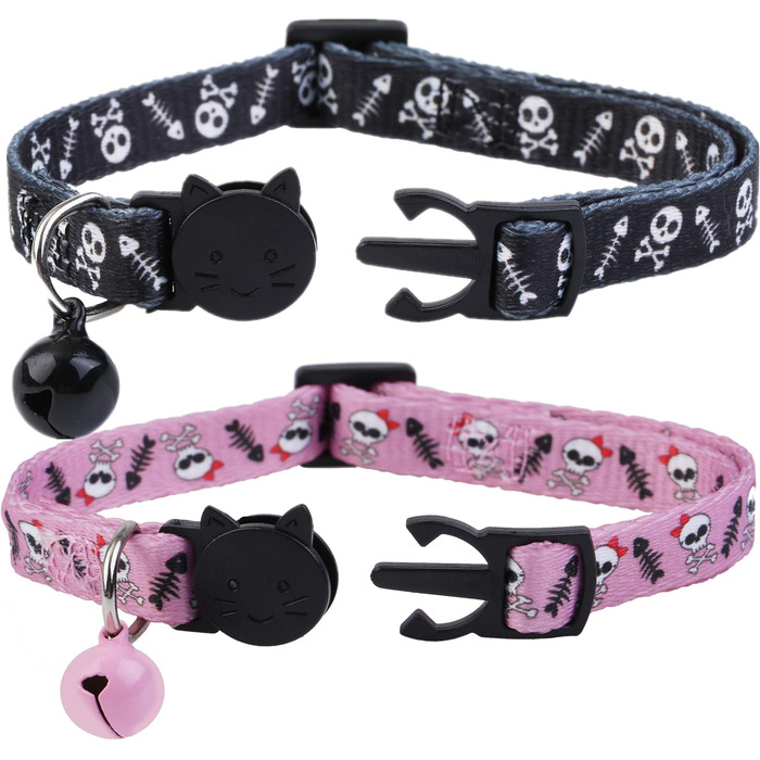 Нашийник для котів та маленьких собак BoomBone Totenkopf з дзвіночком, 2 шт., чорно-білий, нейлон, розмір 17.8-27.9 см