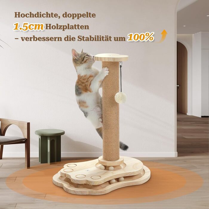 Інтерактивна іграшка для котів PETEPELA з подряпальним стовпчиком у формі ракети, коліщата з кульками, пір'їна, з масиву дерева, багатофункціональна