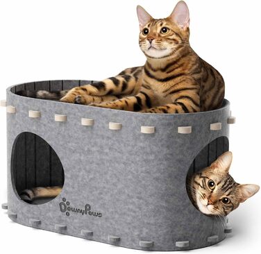 Будиночок для котів DownyPaws PeekaPurr, тунель-когтеточка, складний, для великих котів до 10 кг, закрите ліжко, кремово-сірий