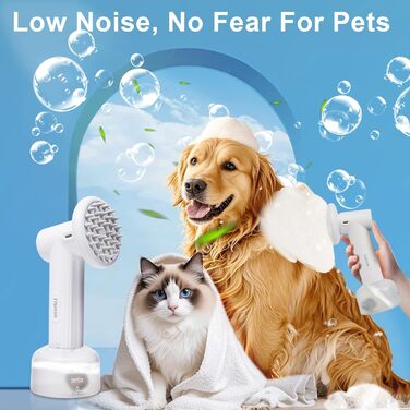 Електричний диспенсер пінки для миття собак з щіткою. М'яка щітка, масаж та грумінг. Регульовані режими пінки/спрею. Бездротовий диспенсер миючого засобу для собак з короткою та довгою шерстю. (Білий)
