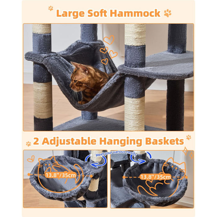 Котячий комплекс Taoqimiao MS044W сірий: 190 см, багатоярусний, з 2 будиночками, гамаками та 8 стовпчиками для дряпання