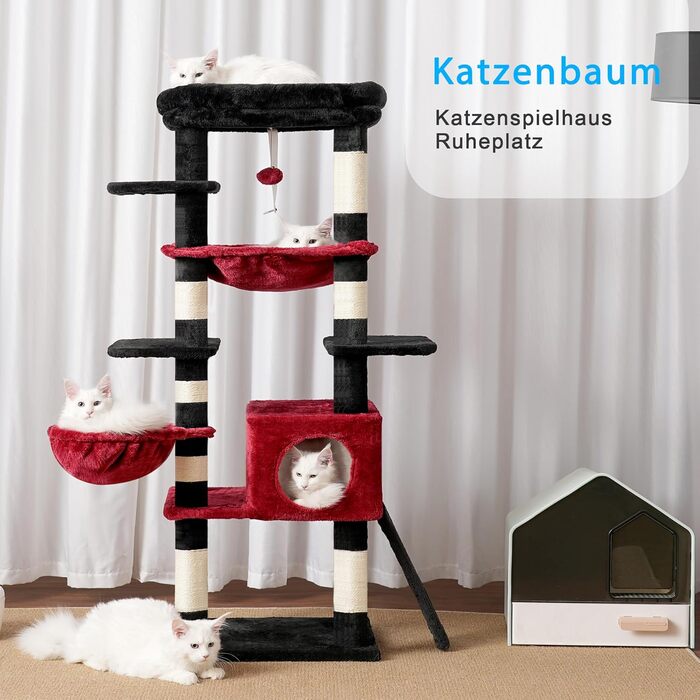 Котячий будиночок Hey-brother Kratzbaum: багатоярусний, 145 см, з лежаком, гамаком та кошиком (червоно-чорний)
