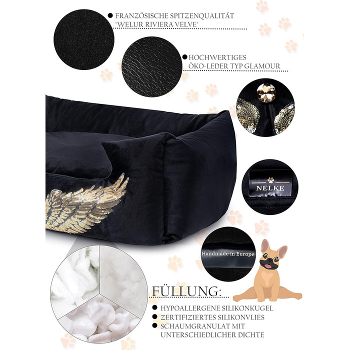 NELKE Розкішне ліжко для собак Glamour-стиль. Чорне ліжко-софа з золотими крилами для маленьких та середніх собак. Знімний, washable (можливість прання)