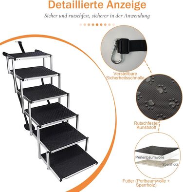 Східці для собак у машину, 6 ступенів, 70 кг, складані, для великих собак та літніх тварин, алюмінієва рамка - для вантажівок та SUV