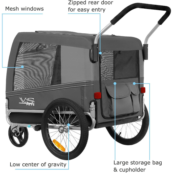 Візок для собак Tiggo VS Pets 2-в-1: візок та велосипедний причіп, сірий, об'єм 270 л, до 35 кг