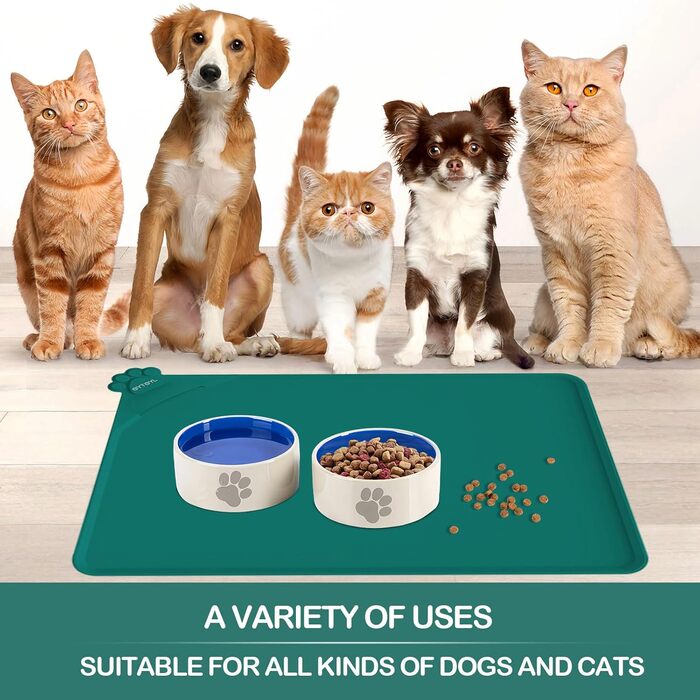 Водонепроникний килимок для годівлі домашніх тварин з високими бортиками, 55 x 38 см, силіконовий, нековзний, для собак та котів, запобігає розливанню води (зелений, 48 x 30 см)