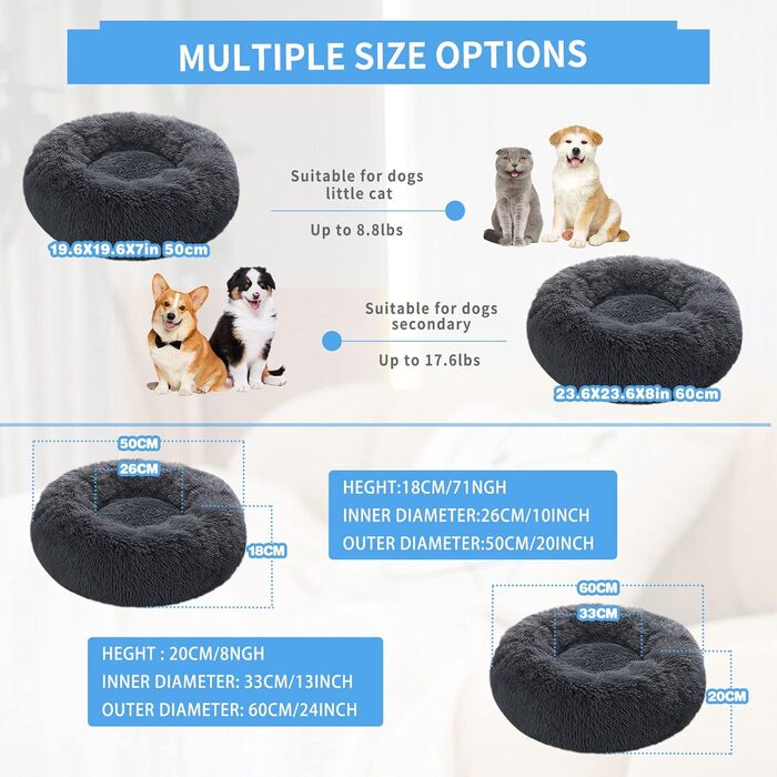 М'яке кругле ліжко для собак та котів 60 см – зручне лежанка-пончик для маленьких собак та котів, миється, не ковзає, плюшеве ліжко для тварин, сірий (L 50 x W 50 x H 20 cm, темно-сірий)
