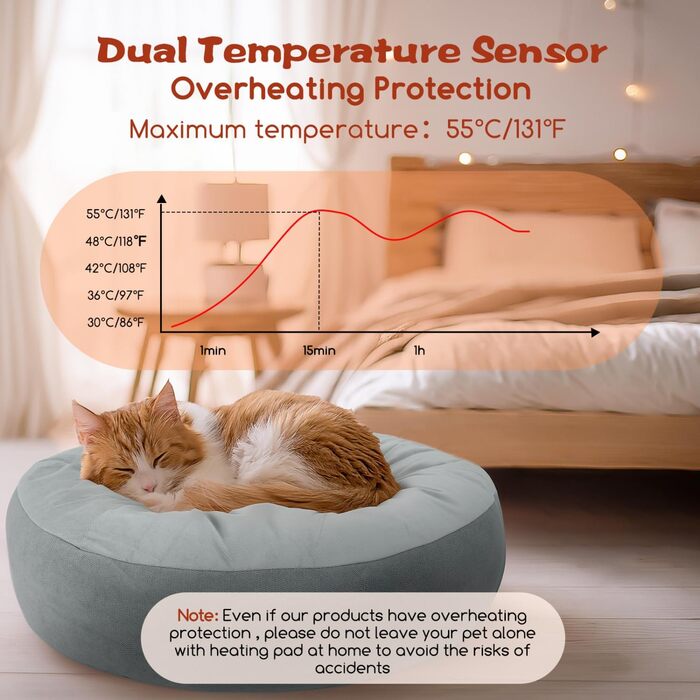 Кішечкове ліжко Nobleza з регульованою температурою, тепла підстилка у вигляді пончика з захисним кабелем, що не гризеться, 50 см, сіре
