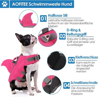 Жилет для плавання для собак AOFITEE з плавниками акули, регульований, з ручкою рятування, світловідбиваючий, синій, для малих та середніх собак