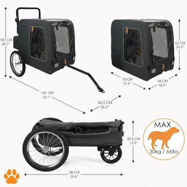 Універсальний візок для собак Chase 3-в-1 (до 30 кг) | Чорний | З дощем та з'єднувачем