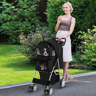 Візок для собак та котів Costway, до 15 кг, чорний. З сітчастими віконцями, тримачем для напоїв, кошиком та сонцезахистом. Складаний візок для тварин