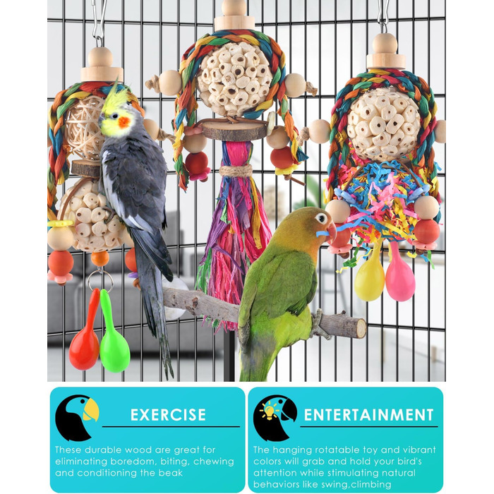 Іграшка для папуг Bissap Conure, 3 шт., підвісна іграшка для папуг, соляні кульки з піщаним молотком для маленьких папуг, хвилястих папужок, корел, амадин, для розвитку та пошуку корму