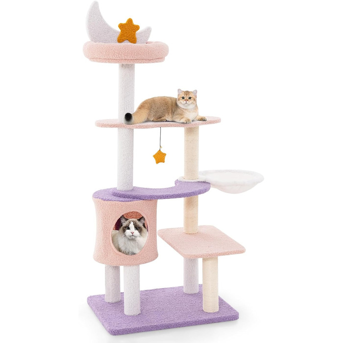 Кігтеточка для котів COSTWAY з будиночком, гамаком та іграшками, фіолетово-рожева (59x49x140 см)