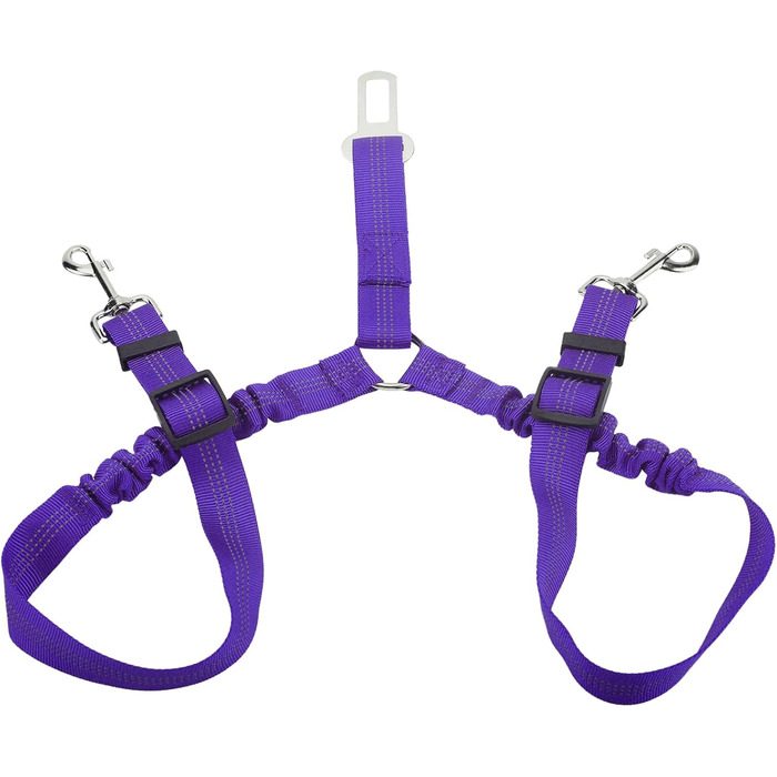 Ремінь безпеки для собак у машину, подвійний, еластичний, регульований, з амортизатором та карабіном для маленьких та середніх собак (фіолетовий)