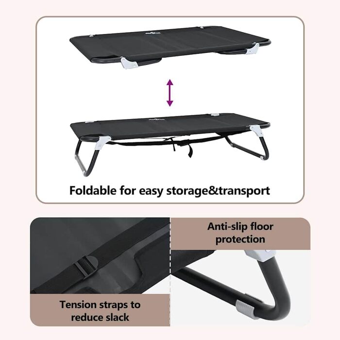 Складане ліжко для собак середніх порід від vidaXL – чорного кольору, метал та тканина | Зручне підняте ліжко для дому та вулиці, довговічні меблі для тварин, 90 x 55 x 18 см