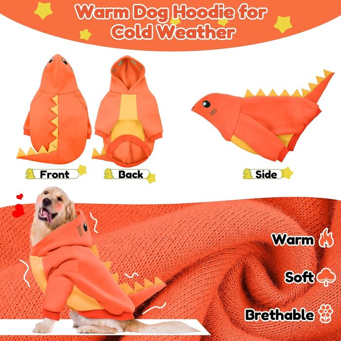 Костюм для собак Лелепет, карнавальний костюм на Хелловін, для великих собак, динозавр, теплий флісовий худі, зимовий халат для собак, зелений (X-Small, помаранчевий з візерунком 