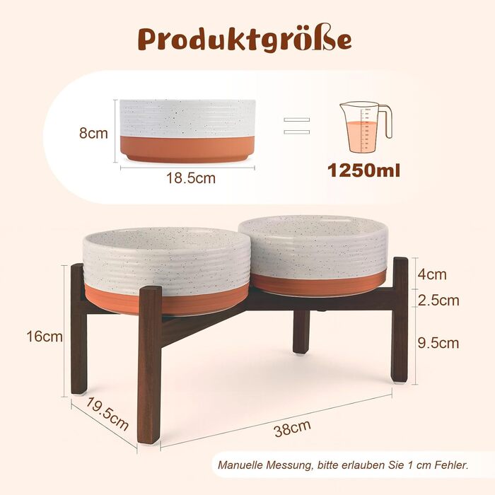 Миска для собак SpunkyJunky з кераміки, подвійна, піднята на підставці з акації, для великих собак (1250 мл, білий та червоно-коричневий)