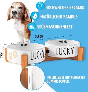 Персоналізована миска для собак OWLBOOK з ім'ям - подвійна керамічна миска з бамбуковим підставкою, 300 мл