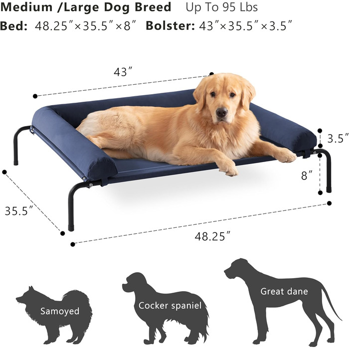 WESTERN HOME Охолоджуване собаче ліжко з підняттям для великих собак, для вулиці, портативне, з дихаючою сіткою, преміум-якість, знімний чохол (147 x 107 x 24 см, Темно-синій)