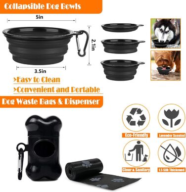 Нашийник для собак LOBEVE з анти-гавком, поводок та страхувальний ремінь для авто, складані миски та диспенсер для відходів, для собак маленьких та великих порід, ідеально для прогулянок, тренувань та подорожей (XL, Чорний)