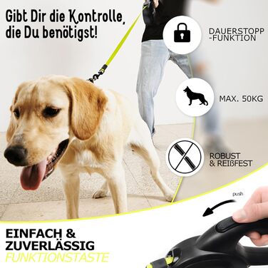 Рулетка для собак Bluzelle 8м, до 50кг, Neon-Yellow, з металевим карабіном 360°, зручний гумовий хват, стопорна система