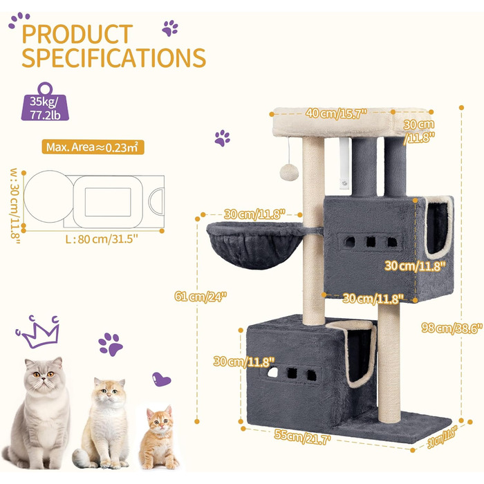 Дерево для котів Hzuaneri, 98 см, зі стійкою конструкцією, великою лежанкою, котячою печерою, сизалевими стовпчиками, кошиком та іграшками, сірий колір MS10018SG