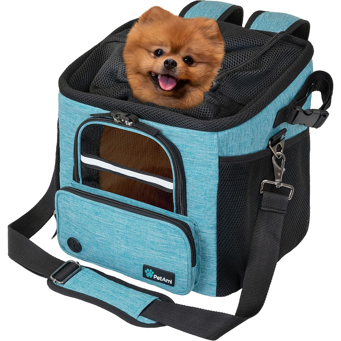 Корзина для собак PetAmi на велосипед, м'яка, з вентиляцією, рюкзак-переноска для собак, підходить для маленьких та середніх собак, кошенят, з кріпленням на кермо велосипеда та ременем безпеки (сірий, блакитно-зелений)