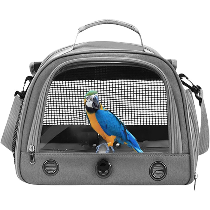 Клітка для папуг – переноска для маленьких тварин | Переноска для птахів з жердкою | Сумка для папуг | Дихаюча переноска на блискавці | Універсальна переноска для тварин сірого кольору