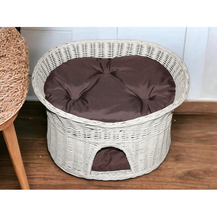 Корзина для котів, лежанка для котів, будиночок для котів L, 60 см, овальна, з плетеної лози, двоярусна, коричнева, знімні подушки