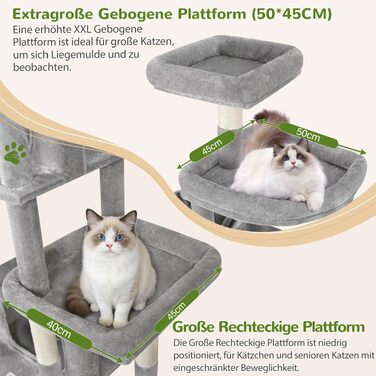 Комплекс для котів Globlazer XXL 192 см з двома печерами, платформами та стовпчиком з сизалю для великих котів (до 5) - світло-сірий