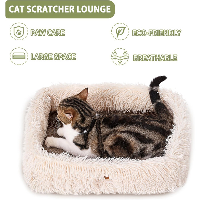 Котяче дряпальня з картону з коробкою для дряпання, міцне велике ліжко для котів, пухкі дряпальні дошки з гофрокартону, знімні, двосторонні, захист меблів (44×34×14см), Бежевий