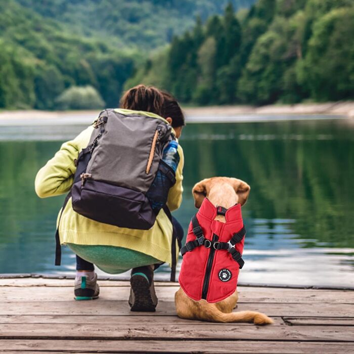 Зимовий теплий одяг для собак - водонепроникна куртка з шлейкою та D-посиланнями, тепла жилетка для цуценят, маленьких, середніх та великих собак (червоний, 2XL)