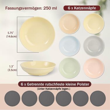 Набори мисок для котів з кераміки Katzennäpfe - 6 шт. Миски для корму котів у пастельних тонах. Широкі, плоскі, з міні-силіконовими подушечками. Підходять для мікрохвильової печі та мийки. Об'єм 250 мл, 6 кольорів