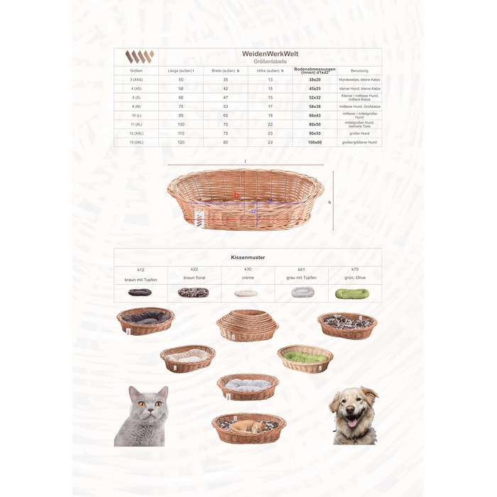 Вільховий Світ - ліжко для собак і котів з плетеного вілля, ліжко для домашніх тварин - натуральне, тепле, дихаюче та стильне - різні розміри (85x60x18 см, світло-кремове подушка)