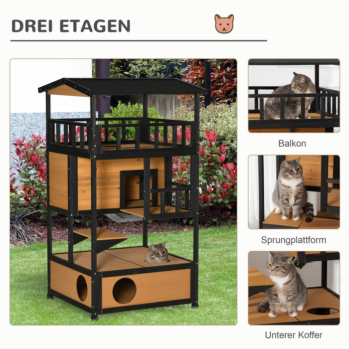 PawHut Cat House Ялина Wood Cat House 4 поверхи зі сходами, зимостійкий асфальтовий дах, жовтий, 75,5x75x137см, ідеально підходить для вулиці та патіо