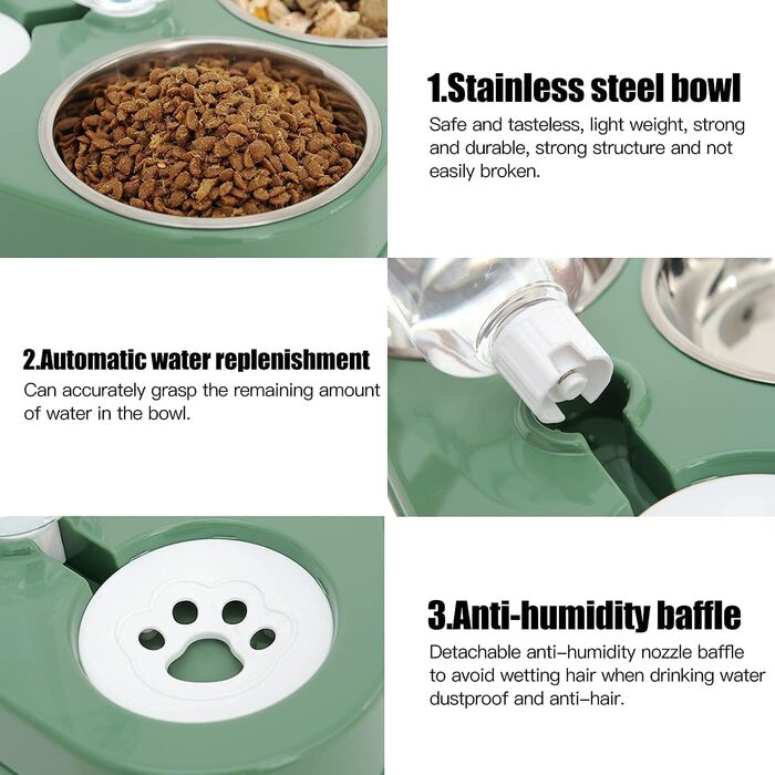 Миска для кота з нержавіючої сталі 3-в-1 з автоматичним дозатором води, подвійна миска для котів та собак (зелена)