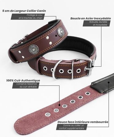 Нашийник для собак з натуральної шкіри, 5 см, ручної роботи, коричневий (S 38-49 см)