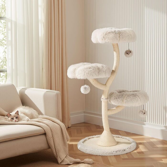 Котячий будиночок-крісло Fudajo з 3 лежаками, котячий комплекс з сизалю та плюшу, висота 125 см, діаметр 59 см, до 15 кг