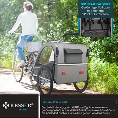 Дитячий велопричіп KESSER Sport-RX 2в1 (велосипедний/коляска) для 1-2 дітей, до 40 кг, з 5-точ. ременями безпеки, 360° обертання, тримач для напоїв та смартфона, сірий